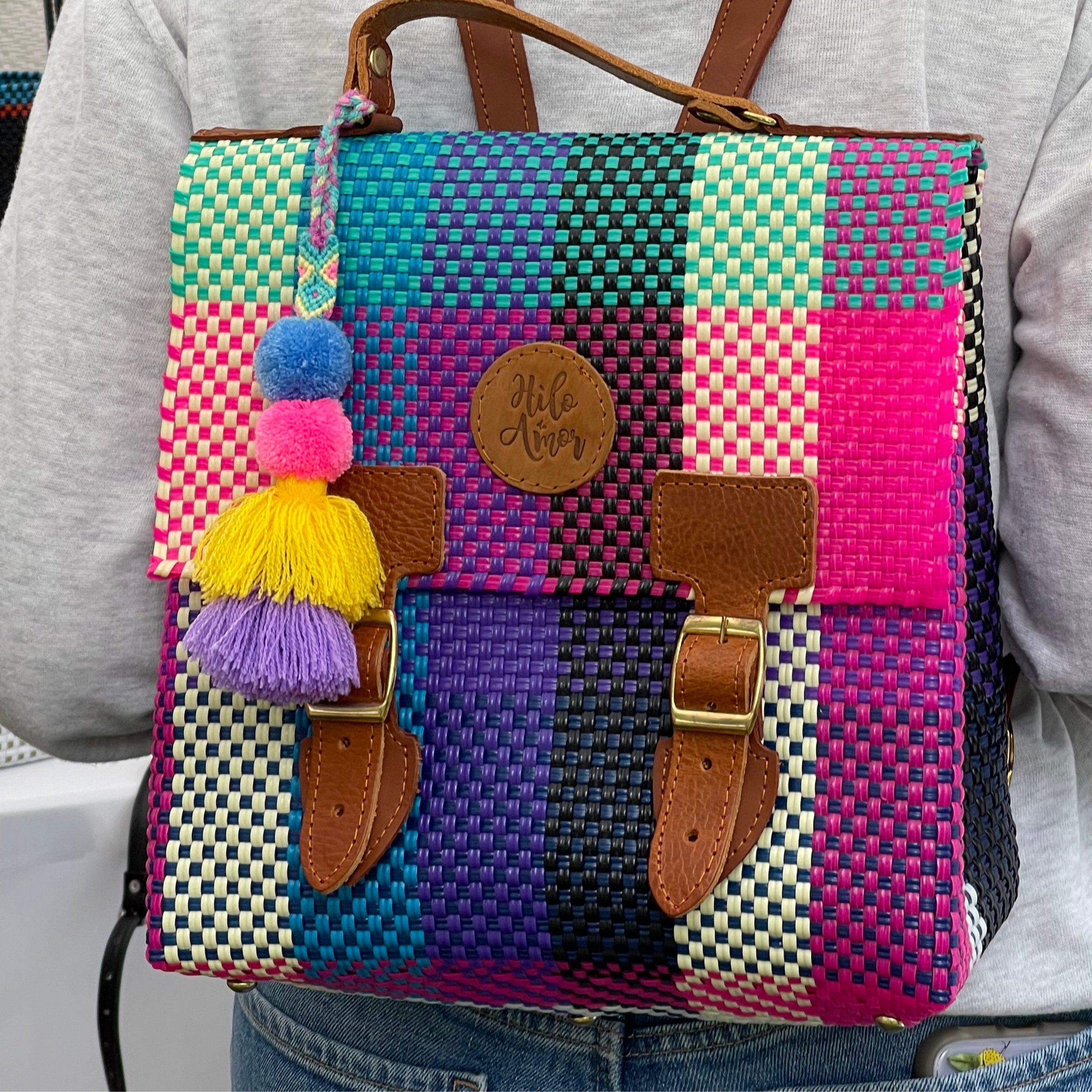 College Backpack Handwoven Mexican Market Backpack Made from Recycled Plastic
